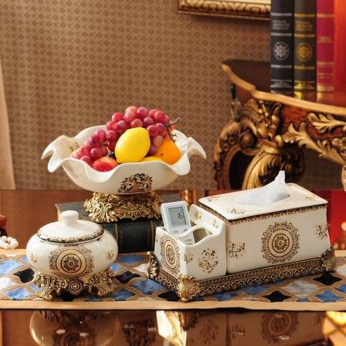 Household European-style Ceramics Fruit Tray Paper Smoking Cylinder Set Luxury Tea Table Fruit Tray Three Set