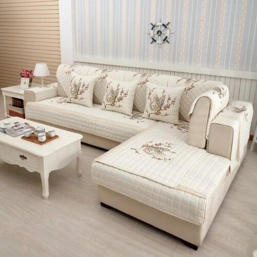 Floral Butterfly Embroidery Sofa Cover Cotton Non-Slip Sofa Towel Chair Covers Mats Living/Drawing Room Decorative L-shaped