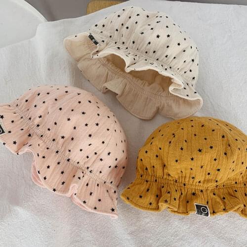 Breathable Summer Outdoor Bucket Hats Children Cap Kids Beach Cap Star Pattern Cotton Lovely Princess Ruffle Brim Girls Sun Hat