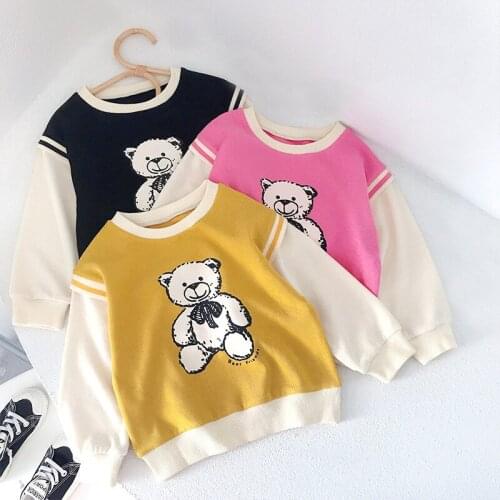 Girls Cute Bear Fake Two T-shirt Spring Autumn Kids Long Sleeve Cartoon Top 3-8 Years Children Fashion Korean Clothing