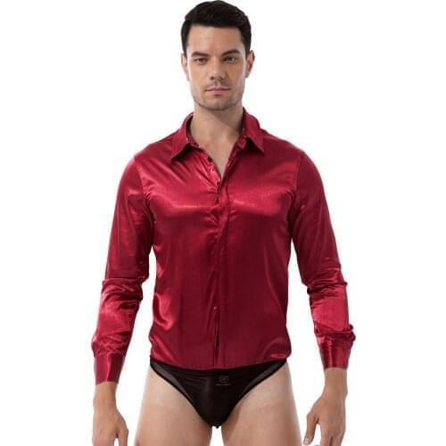 Men Casual Button Nightwear Sleepwear Long Sleeve Patchwork Jumpsuits Sheer Mesh Briefs One-piece Turn-down Collar Coveralls