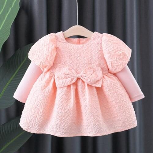 New Girls Dress Spring Autumn Puff-Sleeve Bow Fake Two Piece Sweet Princess Dress Korea Baby Clothes Party Dress 1-4Y