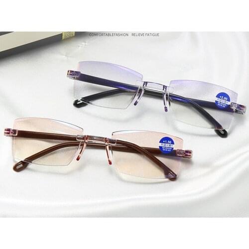 Elbru Frameless Anti-blue Lighe Reading Glasses Diamond Trimming High Definition Comfortable Presbyopic Glasses +1.0 to +4.0