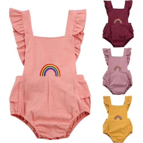 Newborn Toddler Baby Boy Girl Romper Summer Ruffle Sleeve Rainbow Print Outfit Set Clothes Backless Knotbow Rompers
