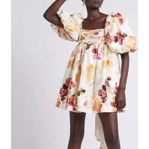 Hot sale Aussie Tidal 2021 summer model white print bubble sleeve square collar personality high-waisted bow short A-word dress