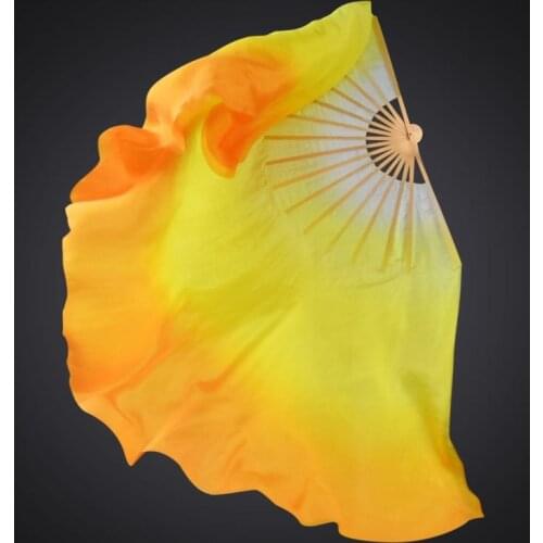 Professional 100% Real Silk Fan Veil 1Pair(1L+1R) Chinese Folk Art Silk Fan Belly Dance Props Fans Gradient White/Yellow/Orange