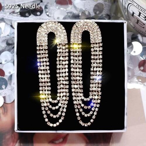 Real 925 Sterling Silver Needle Long Dangle Earrings for Women Jewelry Statement Rhinestone Female Drop Tassel Earrings