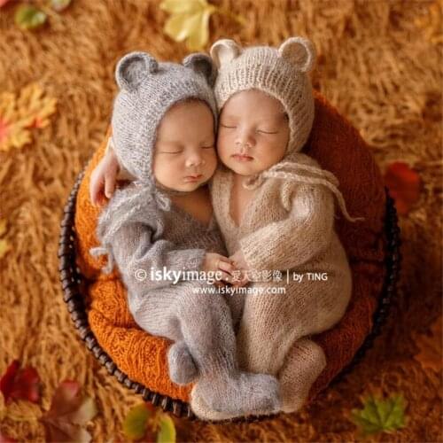 Newborn Knit overalls Baby Footed Romper Bonnet set Infant Sitter Teddy Bear outfit clothes Full set