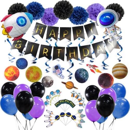 15pcs Space Birthday Decoration Planet Space Swirl Astronaut Rocket Foil Balloons Space Adventure Cupcake Topper Baby Shower