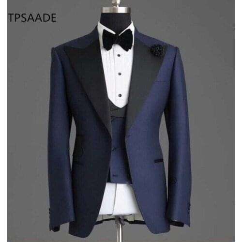 High quality Bespoke Navy Wedding Suits For men Peak Lapel Slim Fit 3 Piece (Jacket+Vest+Pants) Wedding Groom Prom Tuxedos Suits