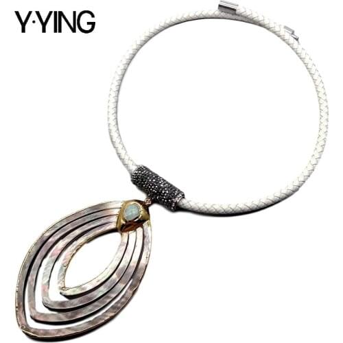 Y·YING Natural Carved Black Mop Shell Amazonite Pendant White Leather Choker Necklace