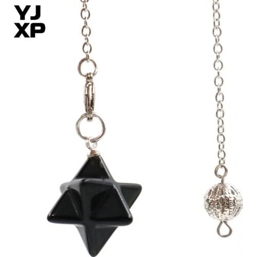 YJXP Trendy Merkabah Silver Plated Link Chain Natural Onyx Pendulum Pendant Black Agates Merkaba Amulet Wicca Divination Jewelry
