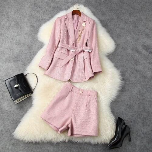 European and American womens wear 2020 winter new style Long sleeve lace-up Cloth coat shorts Fashionable pink suit