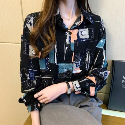 Spring Autumn Women Vintage Loose Print Casual Turn Down Collar Blouse Women Long Sleeve Chic Chemise Femininas Fashion Tops