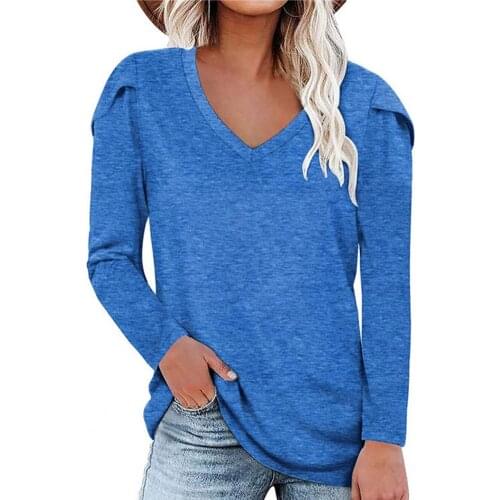 New Autumn Lady Basic Long Sleeve Tunic Tops V Neck Loose Pullover Tops Solid Color Petal Casual Blouse Office Streetwear
