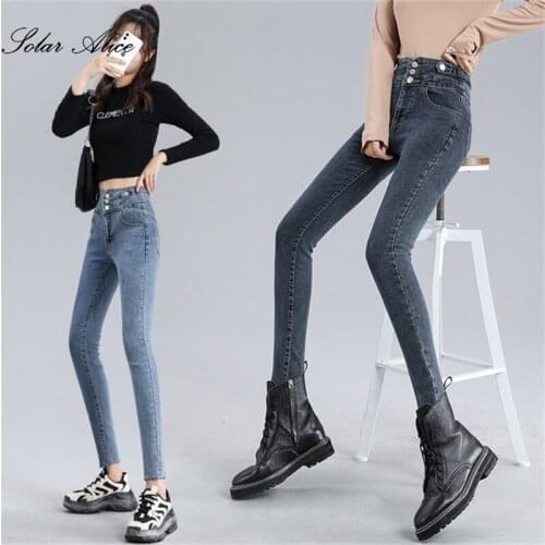 Free shipping 2020 womens autumn new small feet jeans high waist three-row button pencil casual pants