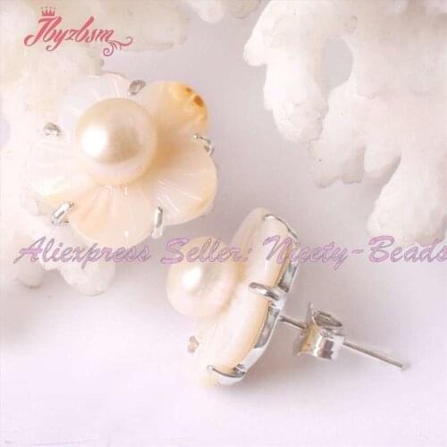 6mm Natural White Round Freshwater Pearl 15mm Shell Stone White Tibetan Silver Earrings Fashion Jewelry Earring for Women 1 Pair
