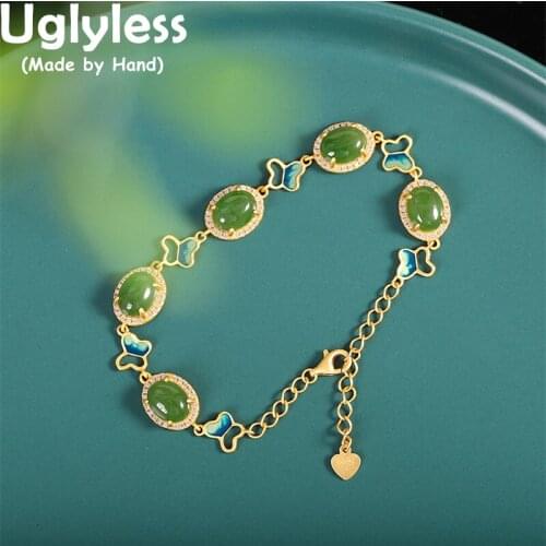 Uglyless Luxury Noble Natural Green Jade Jasper Bracelets for Women Solid 925 Silver Bracelets Oval Gemstones Fine Jewelry BR280