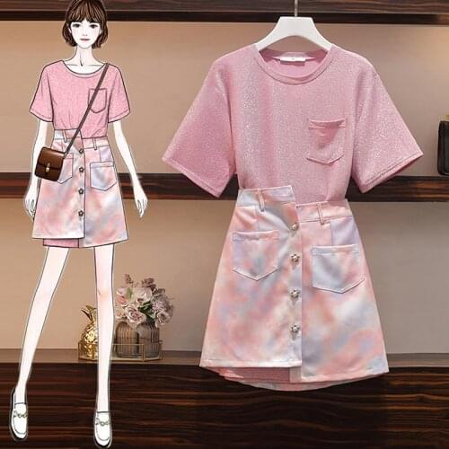 L-XXXXL Women Women Summer 2 Piece Sets Loose Pink Bright Silk Long T Shirt Tee+Single-Breasted Mini Skirt 2PCS Sets Skirts Set