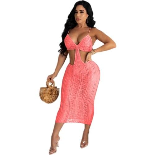 Summer Sexy White Lace Cut Out Dress Women Elegant Spaghetti Strap V Neck Hollow Out Bodycon Night Club Party Midi Dress Robe