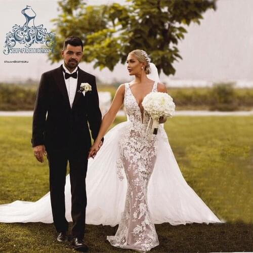 Elegant White Lace Mermaid Wedding Dressses Sexy Deep V Neck Wedding Gowns With Detachable Train Bridal Dress Robe De Mariee