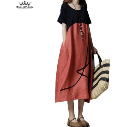 2019 Spring Summer Women Cotton Linen Dresses Women Round Neck Short Sleeves Midi Dress Loose Casual Vintage Dress Y932