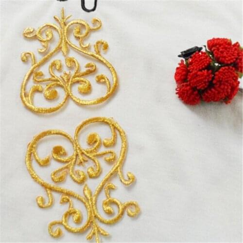 20Pcs Gold 6.5X 8CM Wedding Dess Floral Embroidery Hot-fix Patches Lace Applique Flower Trims DIY Craft LJ0048