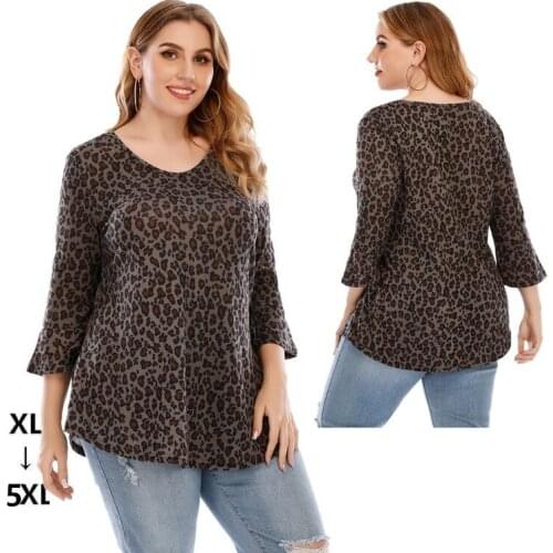 2021 Summer Sexy Women Long Sleeve O-neck Leopard Printing Plus Size T-shirt Women Top XL-5XL