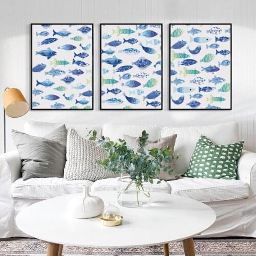 3pcs Canvas Painting Poster Fresh Watercolor Blue Fish School Wall Art Canvas Painting Print Picture Home Decoration For Living