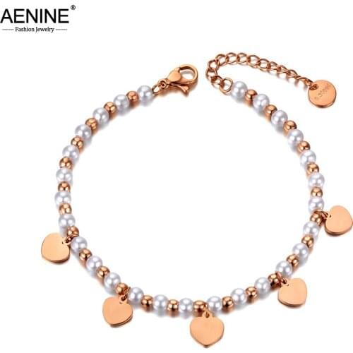 AENINE Bohemia Stainless Steel CZ Crystal Simulated Pearl Heart Charm Bracelets Jewelry For Women Жемчужные Браслеты AB20092