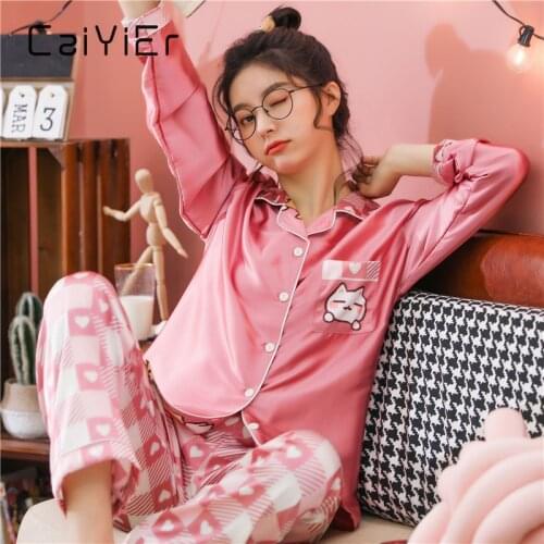 CAIYIER 2021 Silk Satin Pajamas Set Women Sexy Sleepwear Cute Print Girls Lingerie Nightwear Big Size Loungewear M-5XL Pyjamas