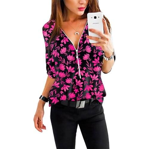 Floral Print Summer Blouses Women Casual V-neck 3/4 Sleeve Plus Size Blouse Office Lady Streetwear Tops Shirts Femme 2021