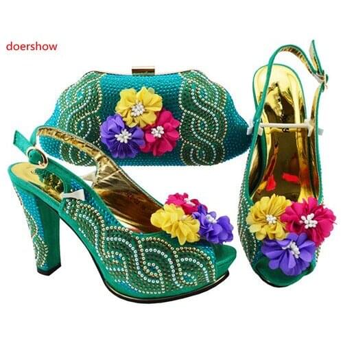 Doershow New Arrival teal Shoes and Bag Set African Sets 2018 sliver Nigerian Women Shoes and Matching Bags Set for party JZS1-4