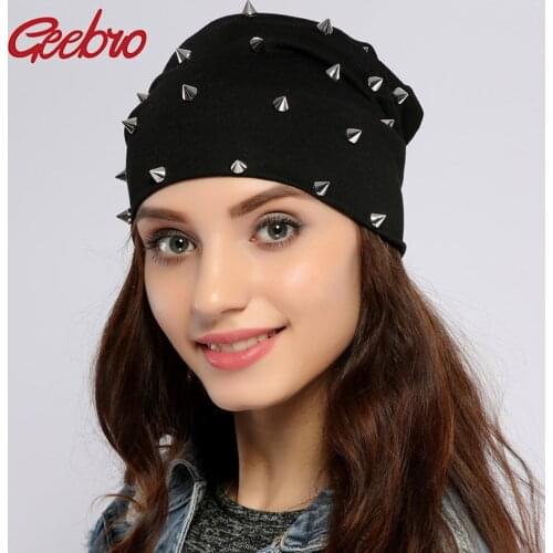 Geebro Womens Beanie Hat Autumn Cotton Metallic Rivet Slouchy Beanies for Men Unisex Plain Hip Hop Balavaca Skullies&Beanies