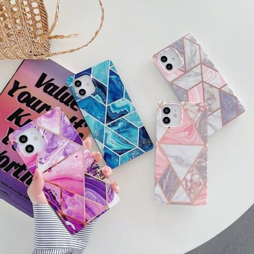 Geometric Marble Square Soft Rubber Shockproof Back Skin Phone Case Cover For iPhone 7 8 Plus 11 12 Pro Max X XR XS Max