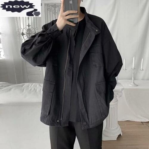 Japan Style Vintage Cargo Coat Men Harajuku Multiple Pockets Black Army Green Casual Jacket Stand Collar Loose Mens Outerwear