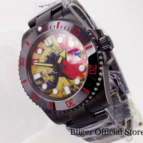 BLIGER 40mm Automatic Men Watch Black PVD Coated NH35A Sapphire Crystal Surfing Luminous Dial Screwdown Crown