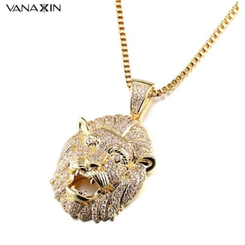Lion Head Necklaces & Pendants Hiphop Men Necklace Cubic Zircons Iced Out Punk Gold/Silver Color Pendants Women Box Gift
