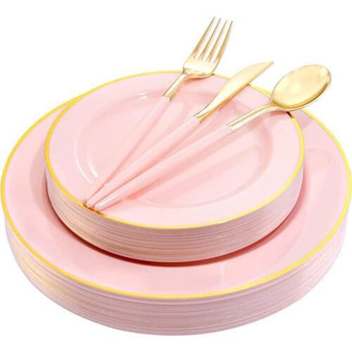 50-Piece Disposable Dinner Plate Set Pink Gold Plastic Tableware With Gold Rim Plastic Plate Suitable for Parties and Weddings