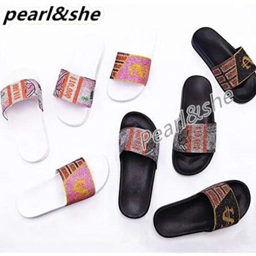 Women Fashion Wear Sandals Ladies Colorful Diamond Dollar Shoes Female Outdoor Slippers Girls Rhinestone Flip Flops Bling Bling