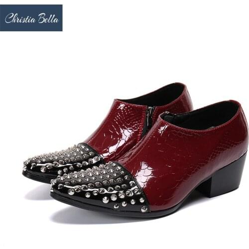 Christia Bella Mens Dress Shoes Rivets Studded Pointed Toe High Heels Red Patent Leather Party Shoes Height Men Zipper Shoes