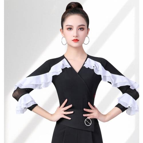 Doubl High-End Latin Dance Costumes 2021 New Fashion National Standard Dance Small Shirt Dance Tops Female Ladies Cross V-Neck