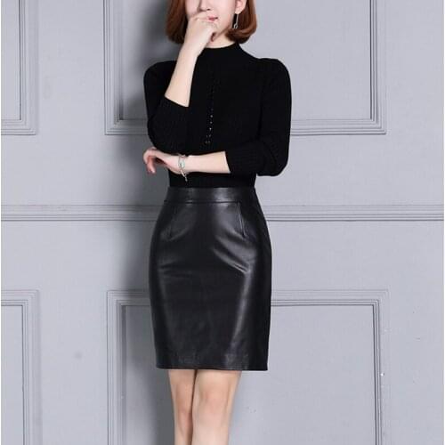 Classic Black Sheepskin Real Leather Skirts Lady Genuine Leather Skirts High Waist Office Slim Straight Women Luxury Work Skirt