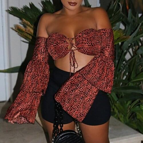 Womans Sexy Chiffon Tube Tops Off-the-shoulder Long Flared Sleeve Midriff-baring Elastic Slim T-shirt