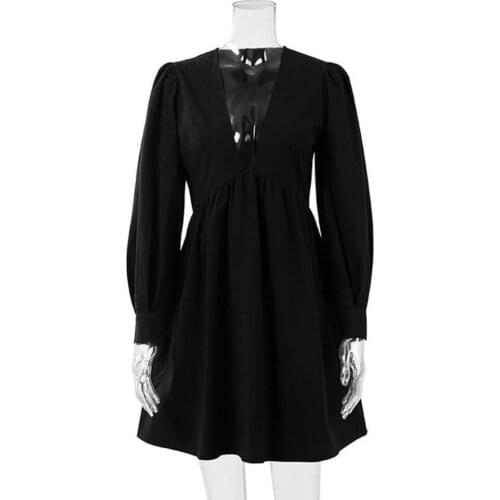 2021 New Autumn Dress Women Elegant Mini Dress Solid Color Loose Long Puff Sleeve A-Line Casual Dresses Evening Party