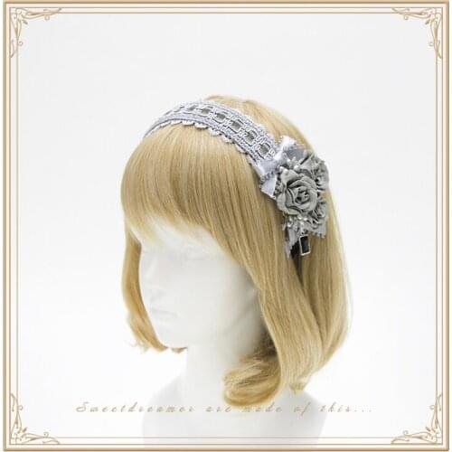 Winter Rose Handmade Vintage Flower+Bows Trim Hairband KC Elegant Lolita Sweet Daily Headband Headwear Gray Joker