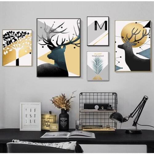 Golden Geometric Plant Leaves Deer Canvas Art Painting Abstract Print Poster Picture Wall Living Room Bedroom Modern Home Decor