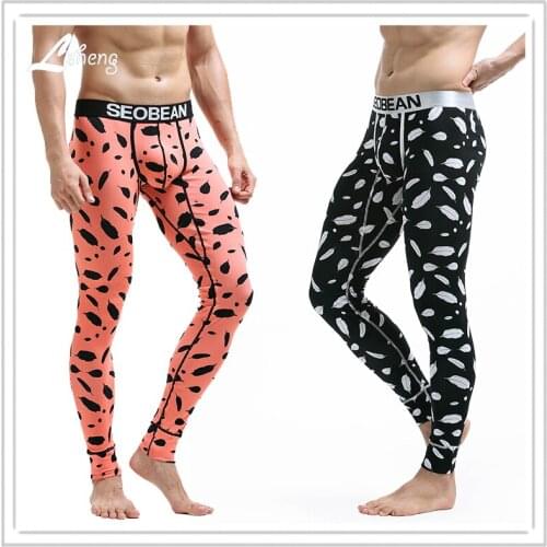 1PCS Fashion Mens Feather Print Warm Long Johns Clothes Male Sexy Cotton Slim Hip Leggings Tight Pants Men Long Pants Underwear