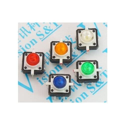 10pcs Illuminated Tact Switch 12x12x7.3 mm Green Red Yellow Blue White LED Reset button Switch Momentary LED 5 color 12*12*7.3mm