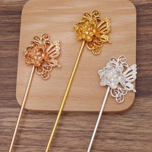 5 PCS 32*40mm Gold Silver Plated Flowers Hair Sticks DIY Handmade Metal Alloy Hair Accessories For Jewelry Making
